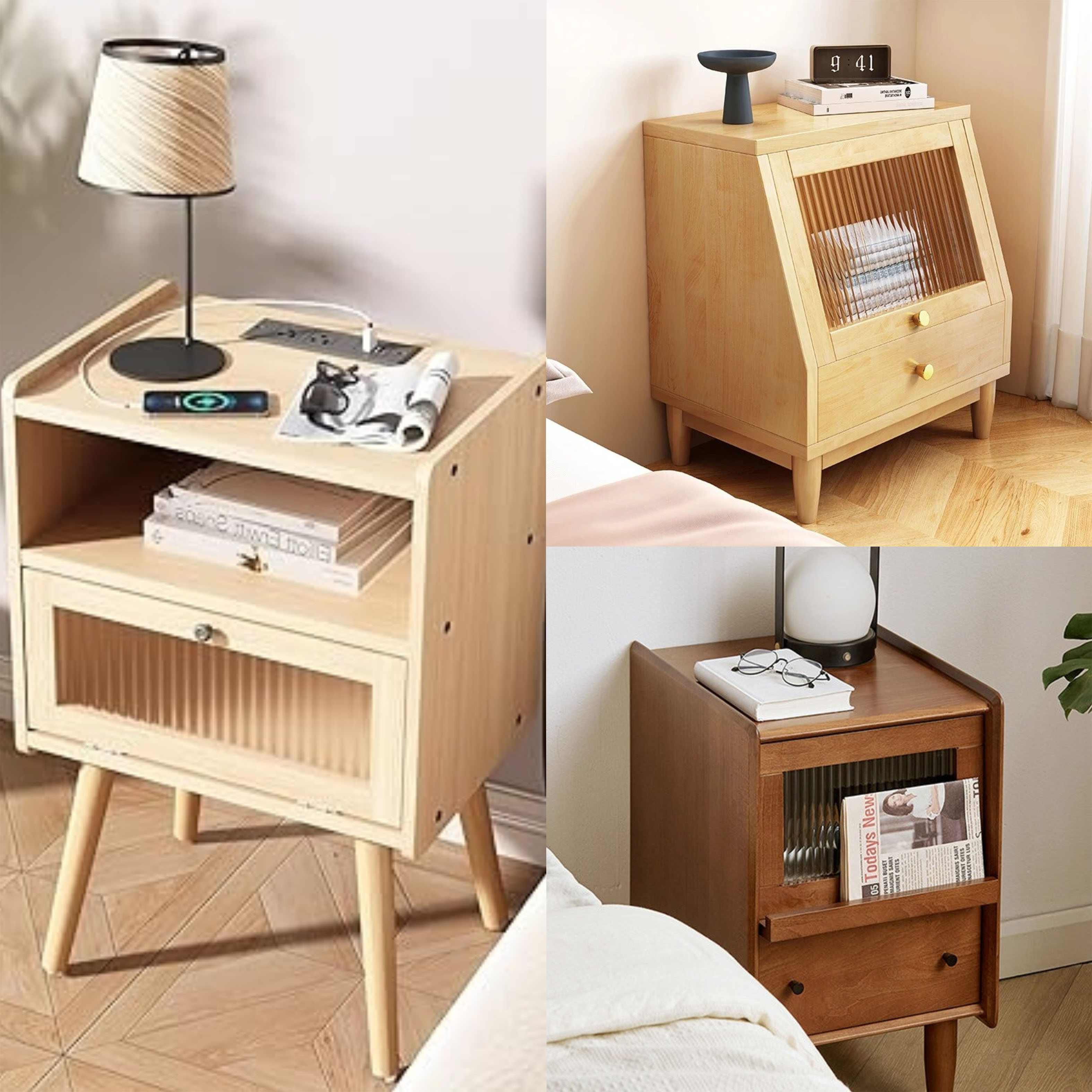 Bedside table with glass doors